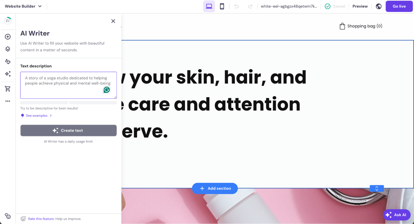 Hostinger Website Builder AI Writer open in the editor