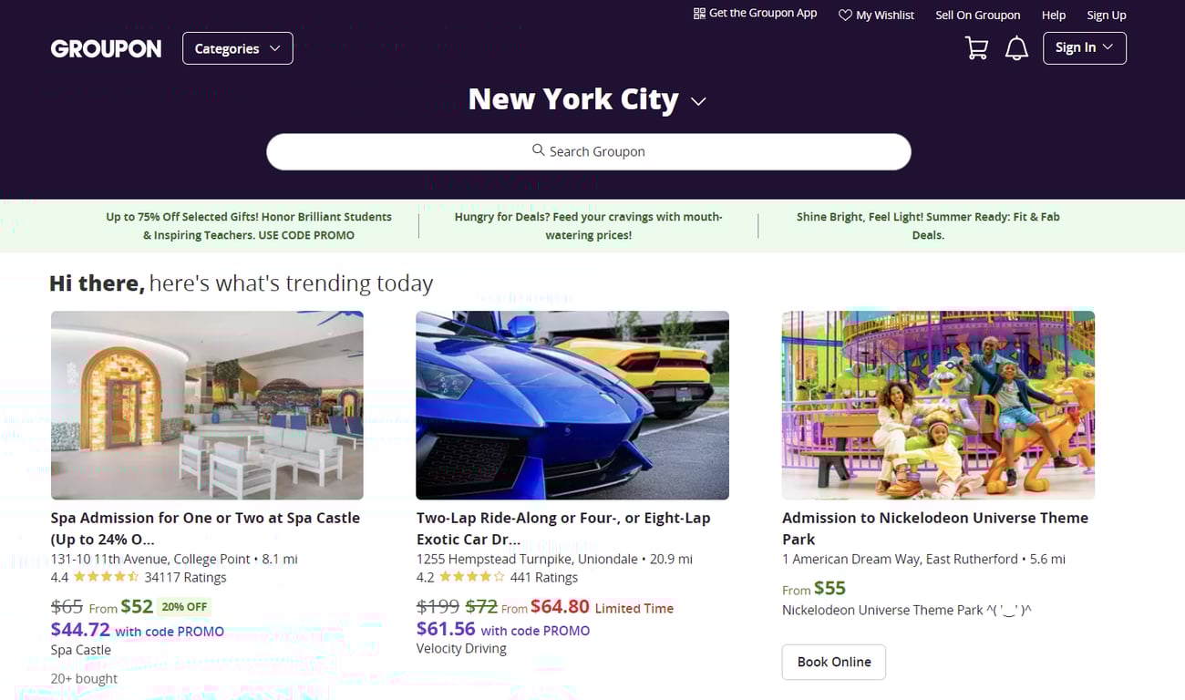 The homepage of Groupon