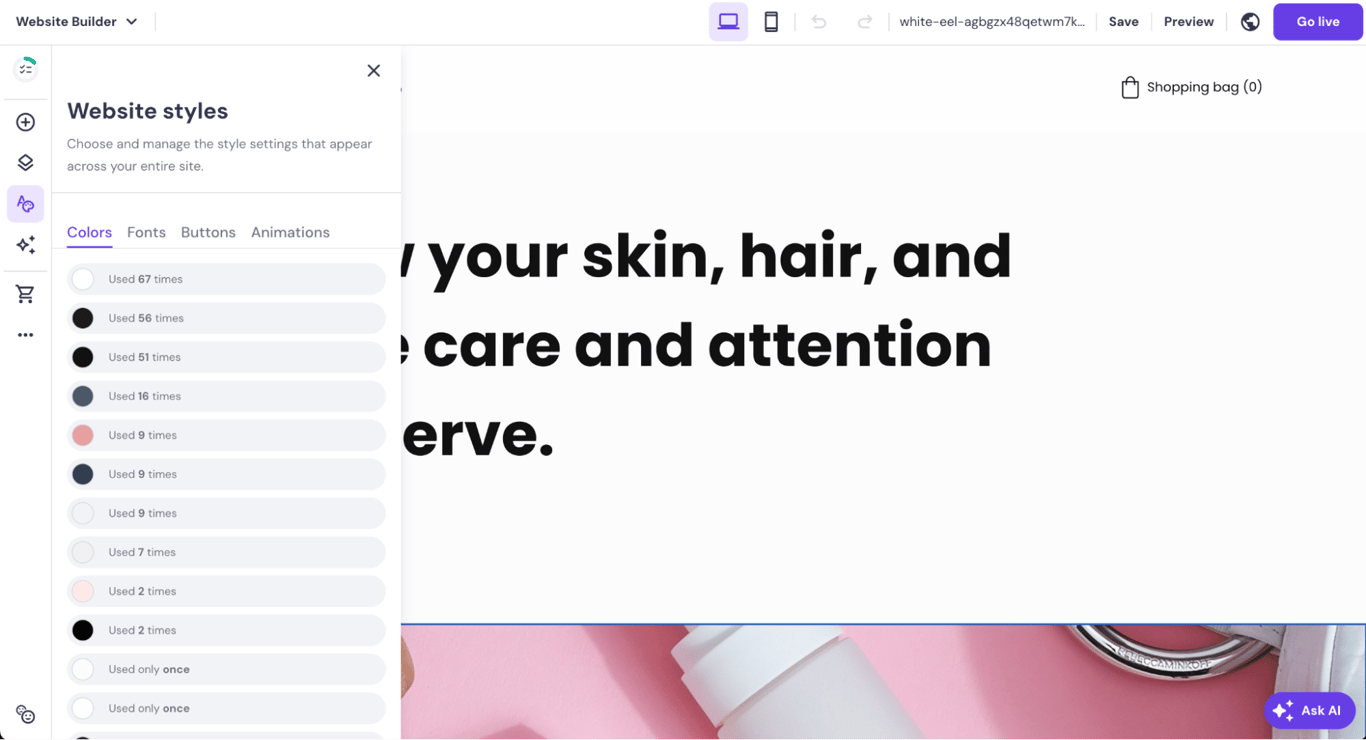 Hostinger Website Builder Websites styles color menu opened