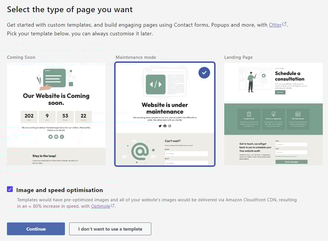 LightStart page type options