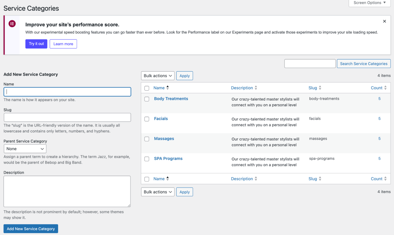 The Service Categories page in the MotoPress Appointment Booking plugin