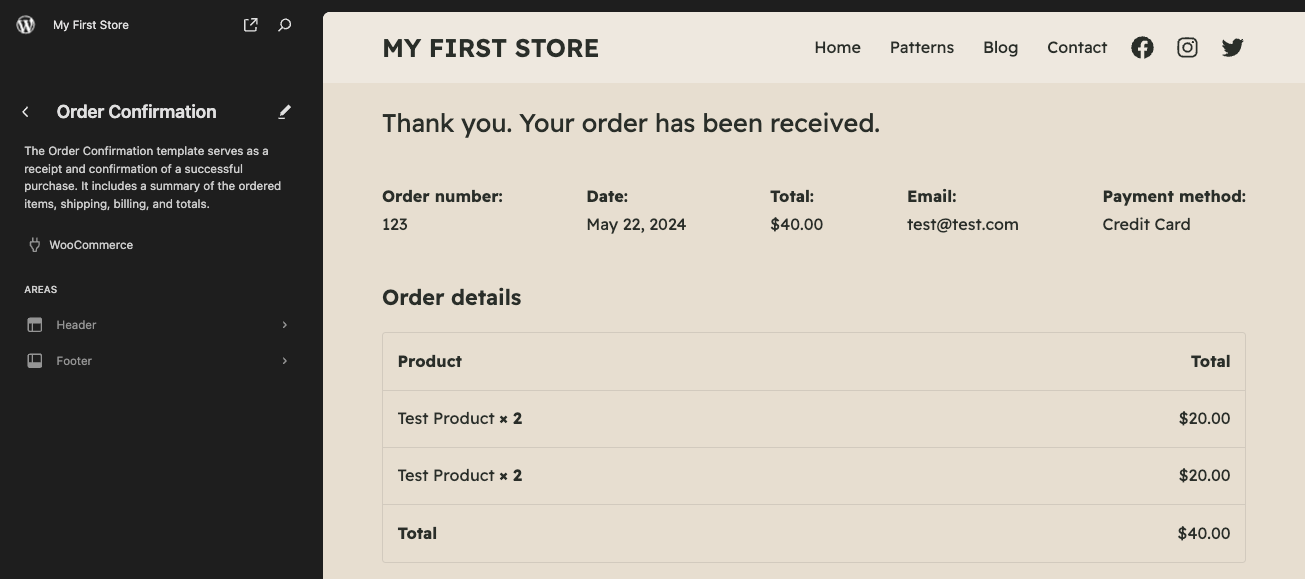 Order confirmation page template in Raft