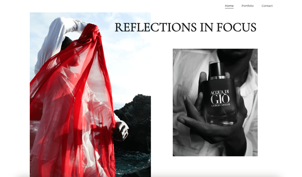 Homepage of Reflections in Focus website featuring a nature-themed banner and minimal design.