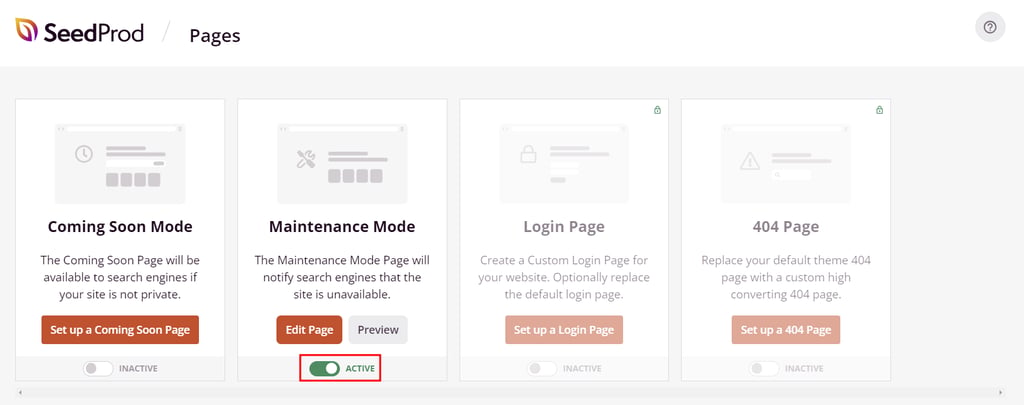 SeedProd dashboard in WordPress, highlighting the toggle to enable maintenance mode