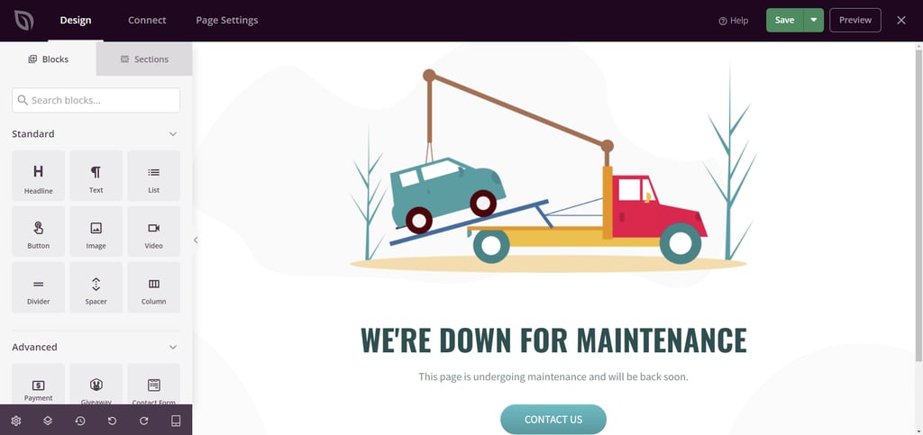 Customizing a maintenance mode page on the SeedProd page builder editor