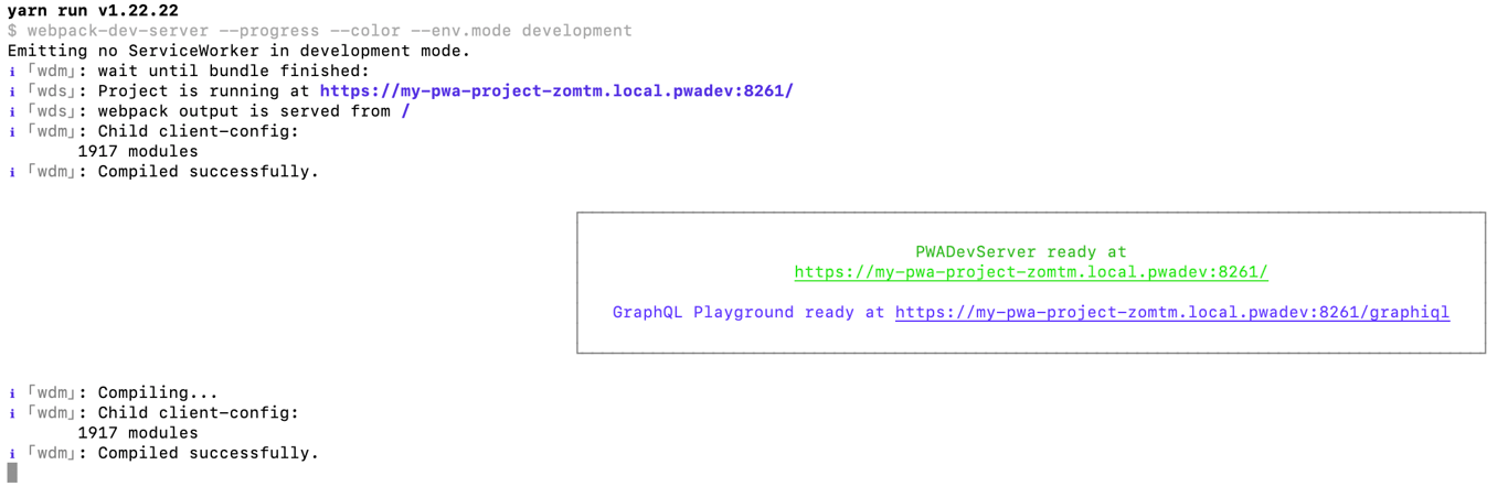 The yarn run watch command successful output