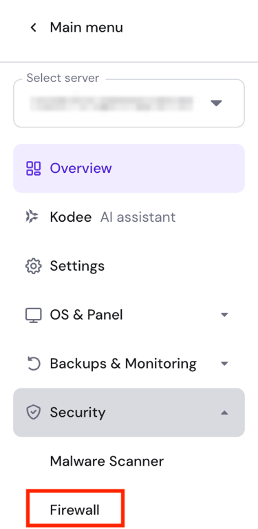 VPS Overview menu in Hostinger's hPanel dashboard, highlighting the Firewall submenu