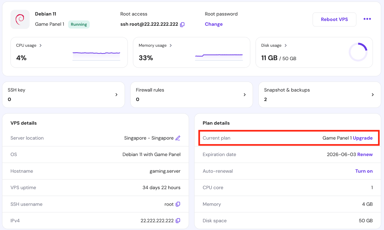 The Upgrade button on hPanel's VPS Overview page