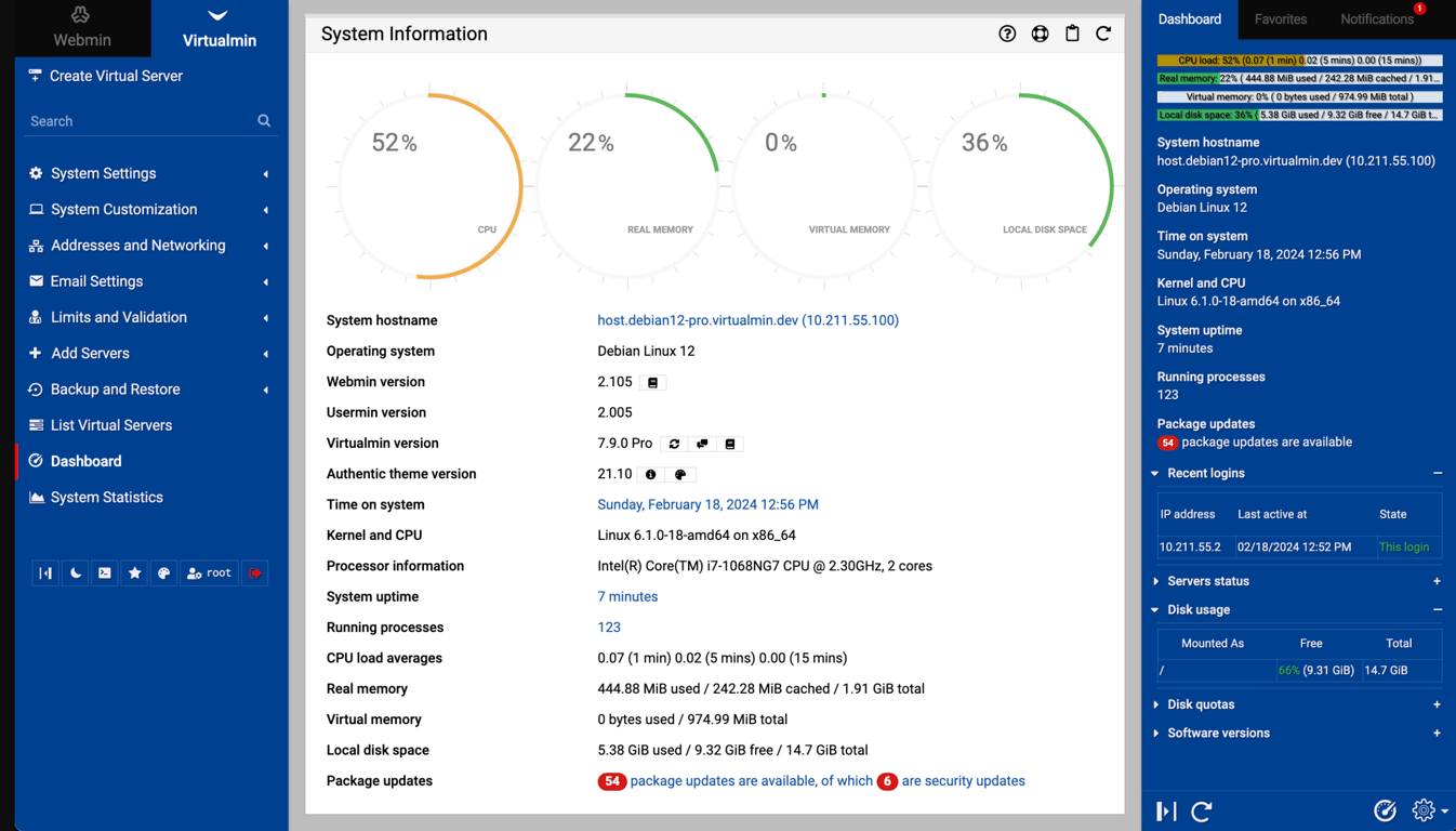 The Virtualmin dashboard