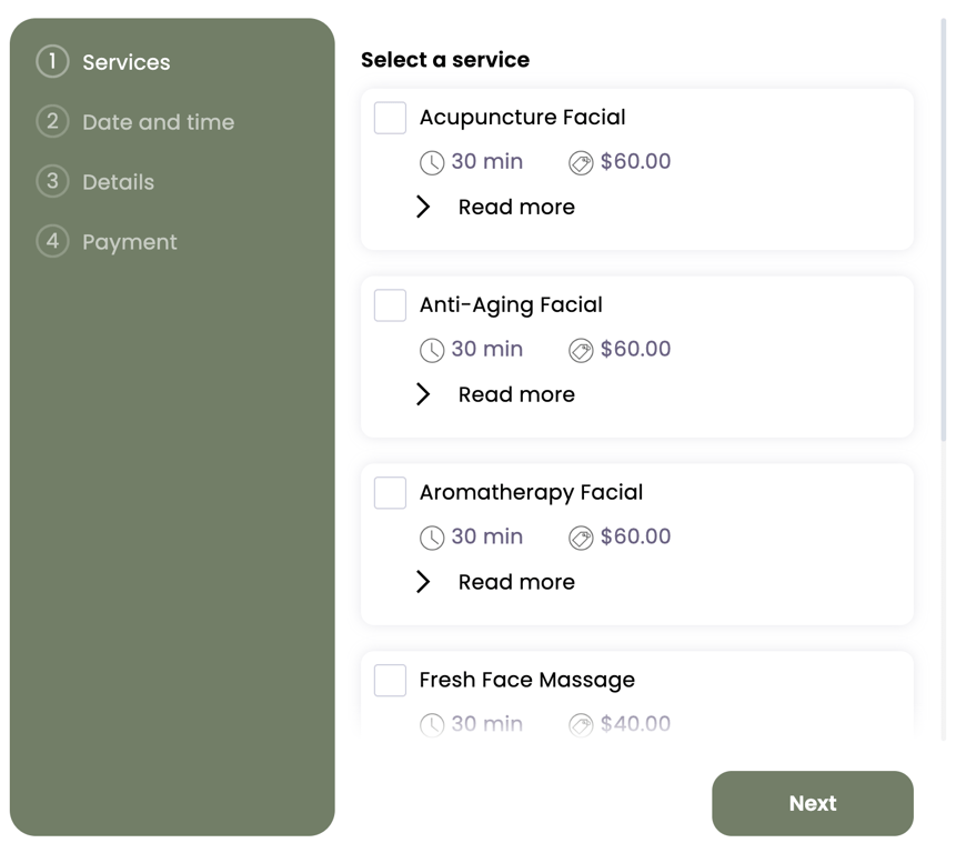 Example of an appointment making process made with the Webba Booking plugin