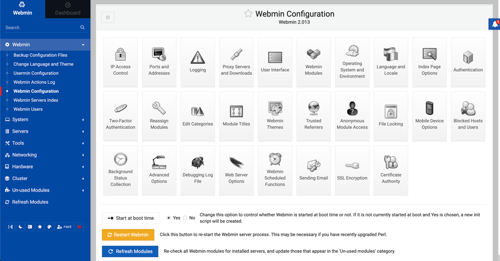 The webmin dashboard