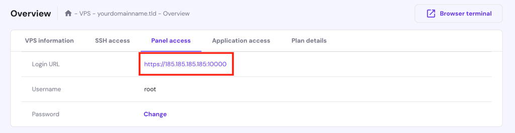 Webmin login URL in hPanel's Panel Access tab