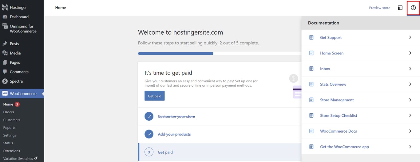 WooCommerce dashboard, highlighting the icon to access documentation