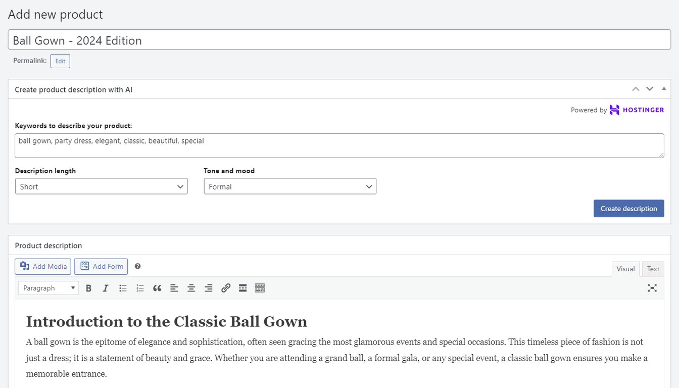Creating a product description with Hostinger AI tool