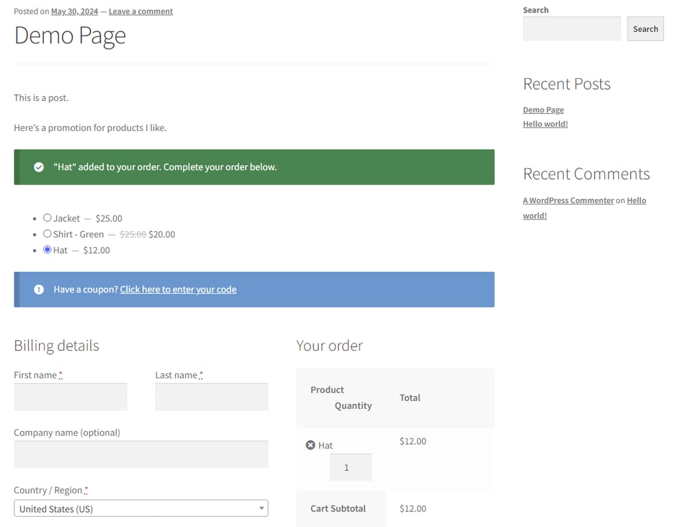 A post with a product list and a checkout form