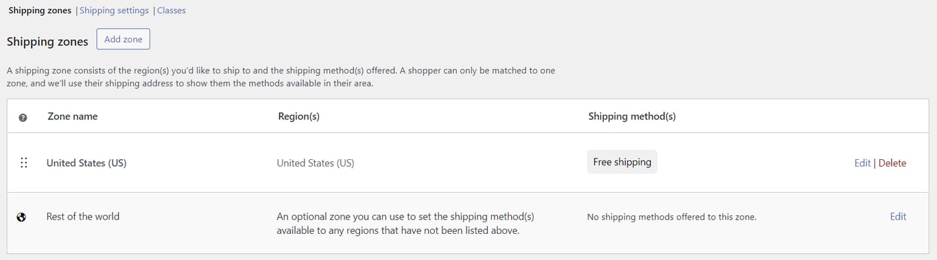 WooCommerce shipping page, focusing on the list of shipping zones