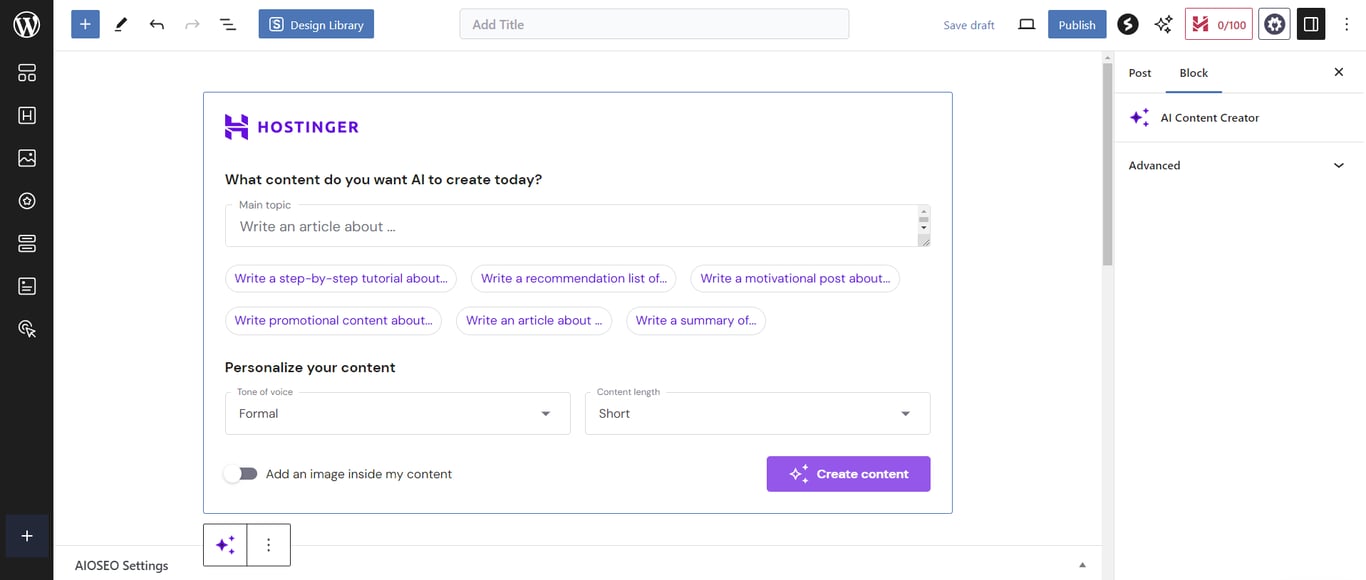 Hostinger AI Content Creator integrated in WordPress's block editor