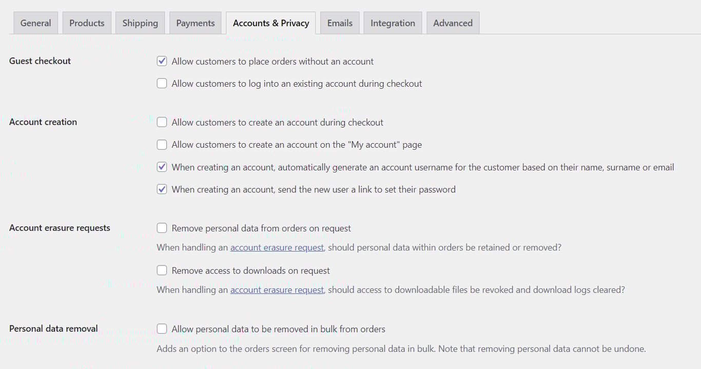 WooCommerce accounts and privacy settings