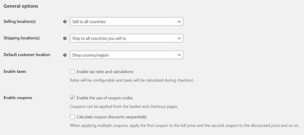 WooCommerce general options in WordPress