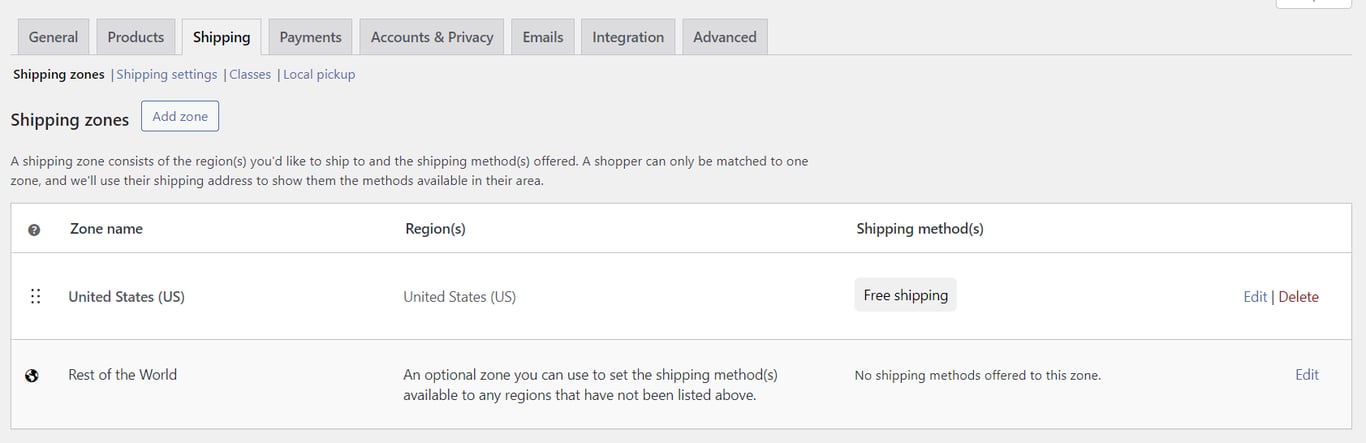 WooCommerce shipping settings in WordPress