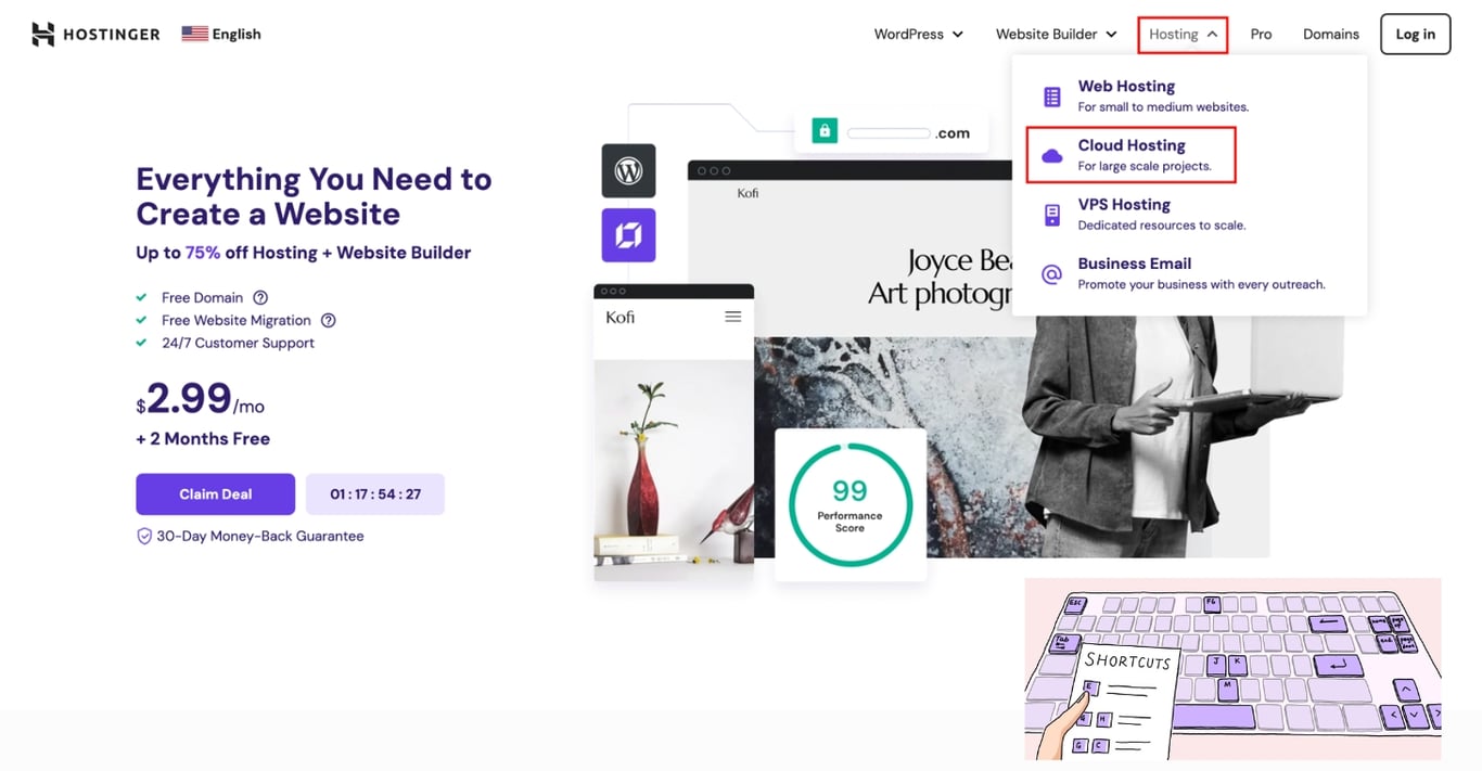 Keyboard Accessibility - Hostinger homepage promoting website creation tools and hosting plans, with highlighted options for Web Hosting, Cloud Hosting, VPS Hosting, and Business Email. And showing how to navigate using only a keyboard.
