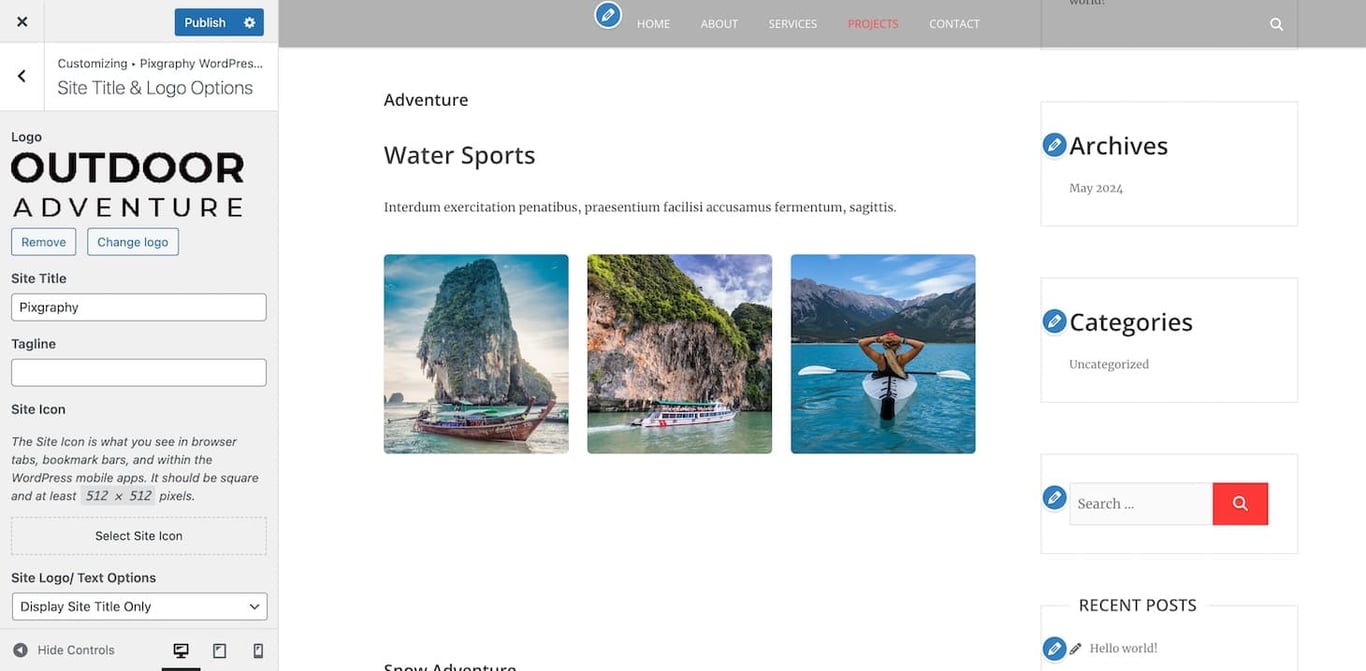 Customizing Pixgraphy with default WordPress Customize tab