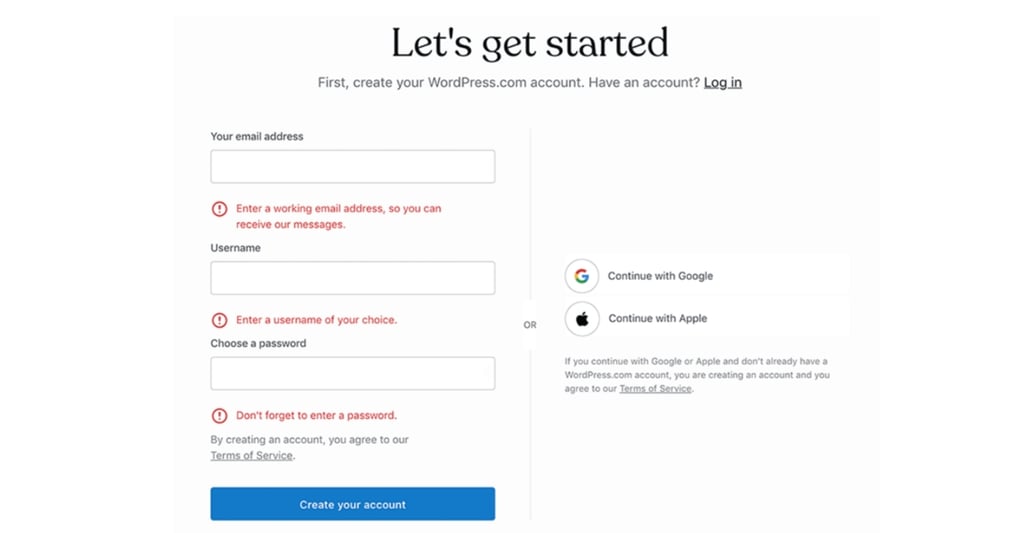 WordPress.com account creation form