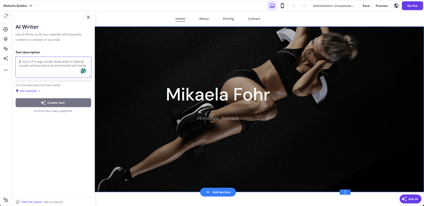 AI Writer open in Hostinger Website Builder editor