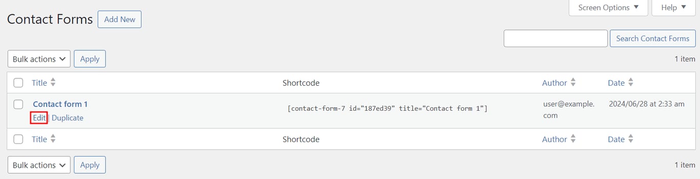 The Edit button in the Contact Forms section in WordPress