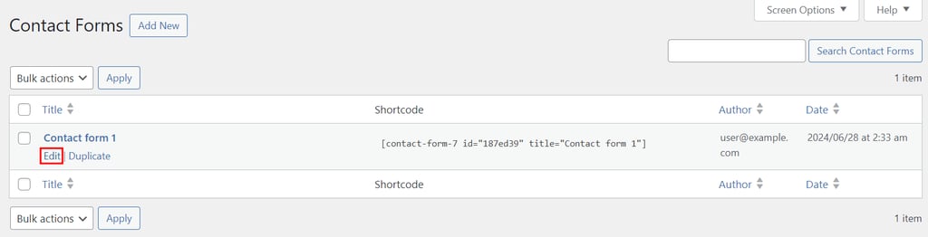 The Edit button in the Contact Forms section in WordPress