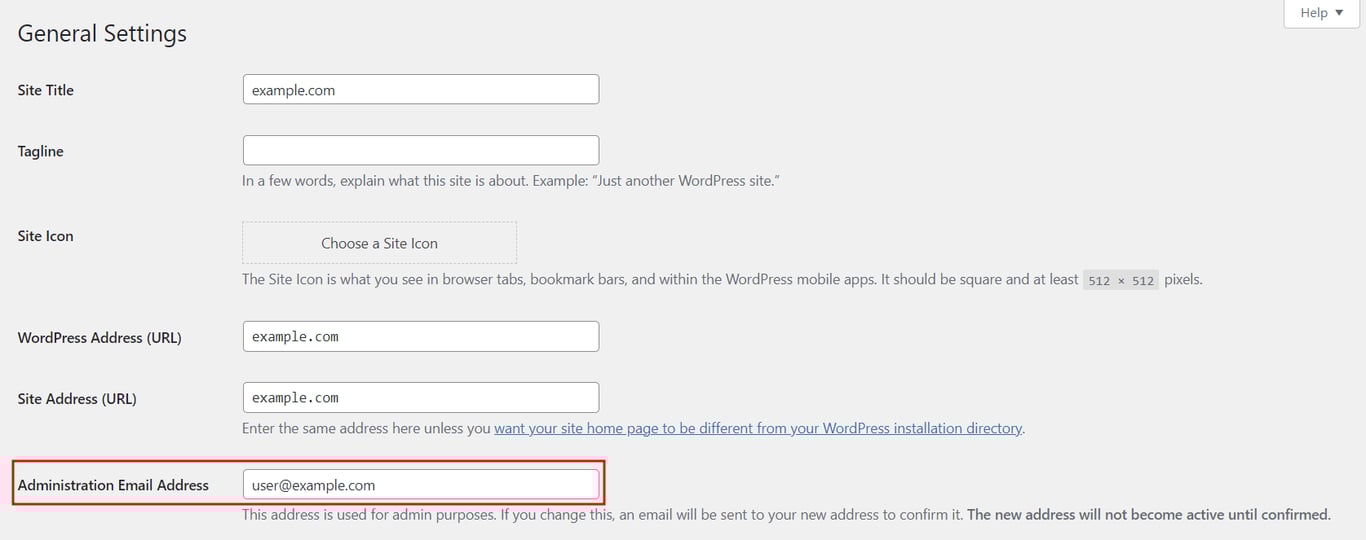 The General Settings in WordPress with the Administration Email Address field highlighted in red