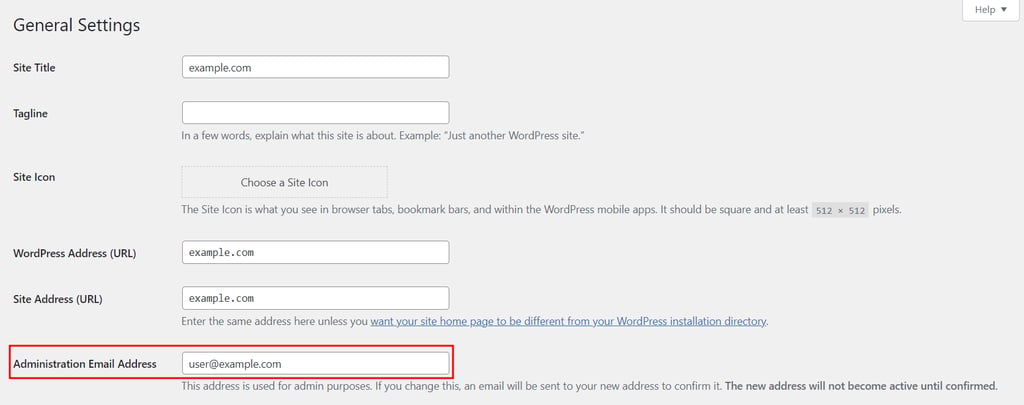 The General Settings in WordPress with the Administration Email Address field highlighted in red