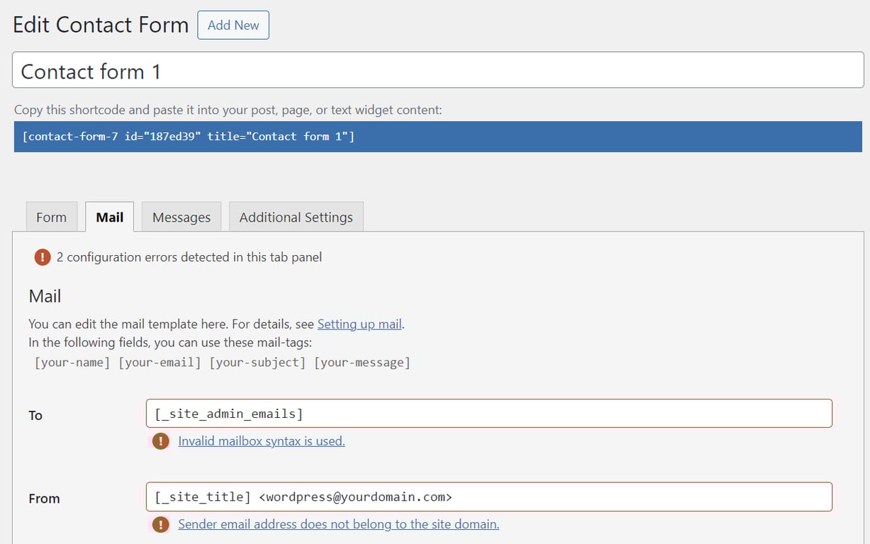 The To and From fields in the Mail tab when editing a contact form