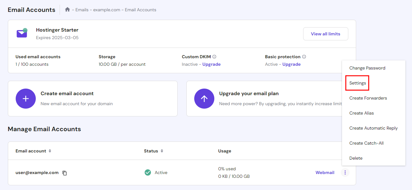 The email management feature in hPanel with the Settings button highlighted in red