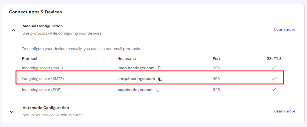 The outgoing server's hostname and port numbers in hPanel