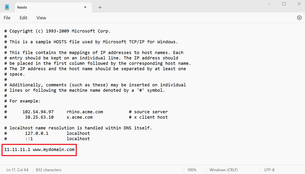 A new entry specifying the domain and IP address on the hosts file