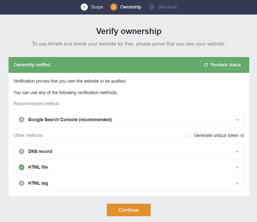 Website ownership verification popup that shows up during Ahref's onboarding process