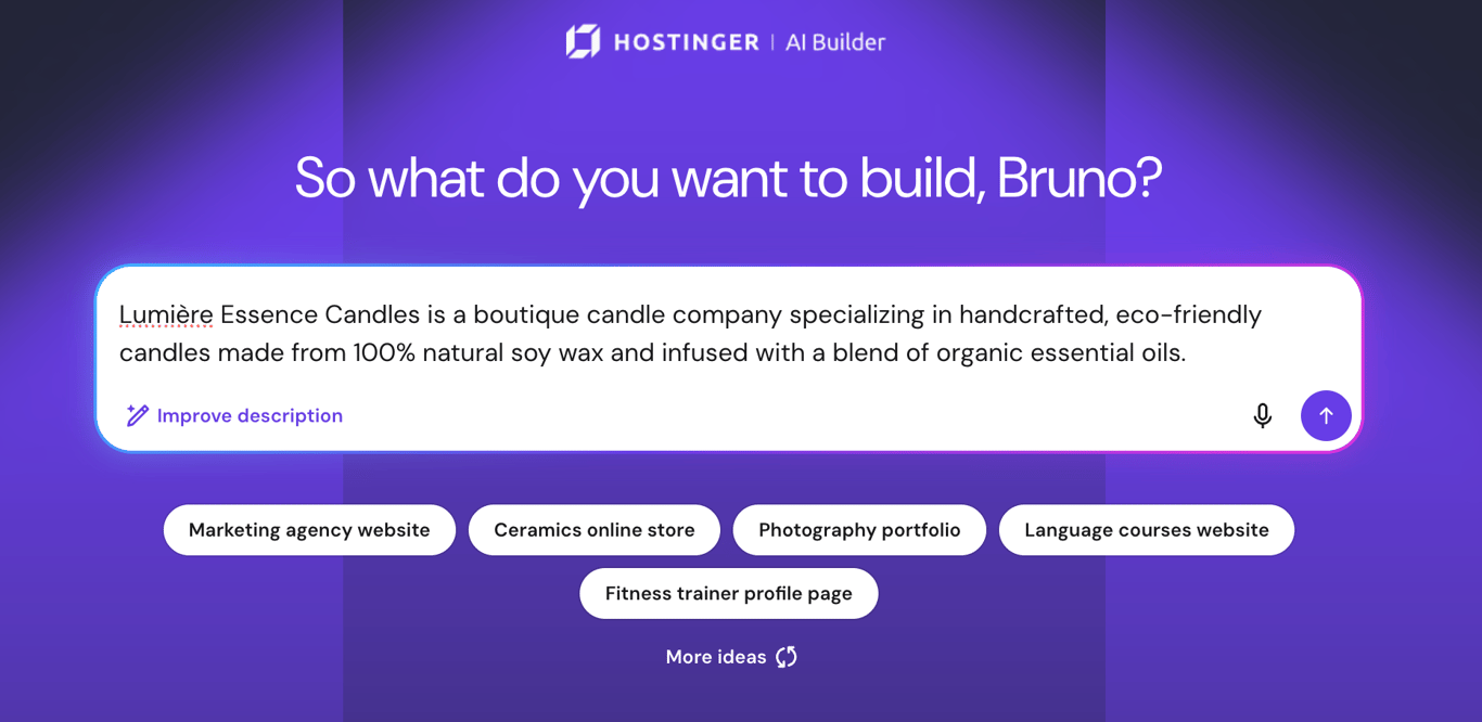 Hostinger AI Builder start screen with a candle business description entered in the prompt field, an Improve description option below it, and suggested website ideas underneath.