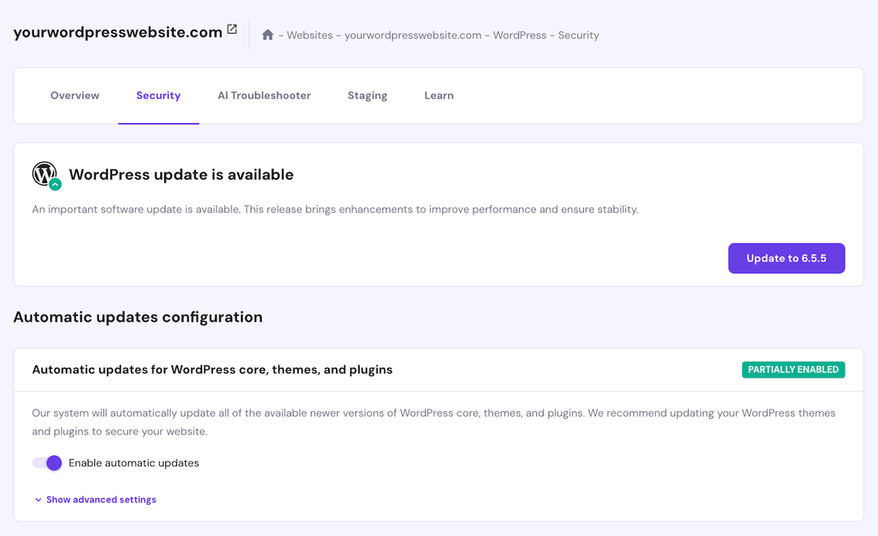 Automatic WordPress update feature in hPanel