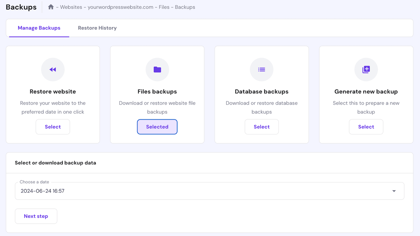 Backup menu in hPanel