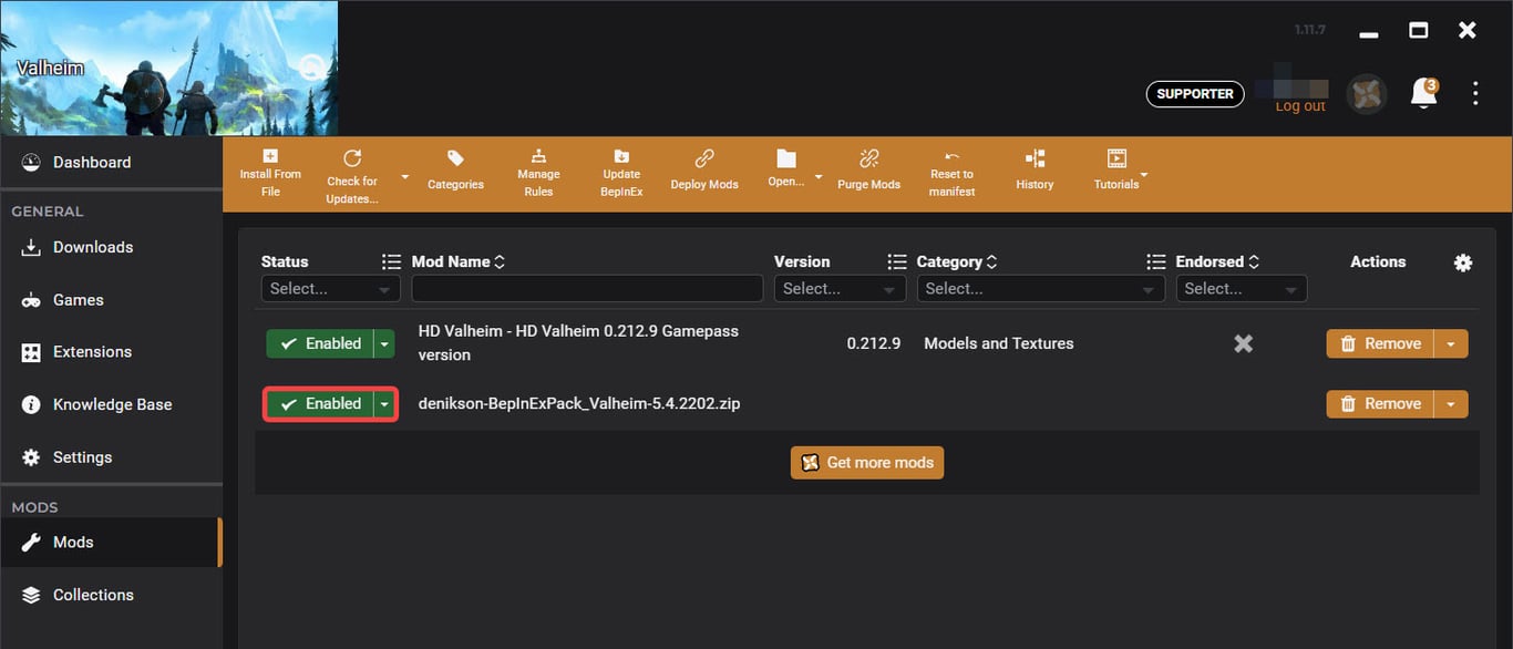 A screenshot showing BepInEx installed and enabled in the Vortex mod manager.