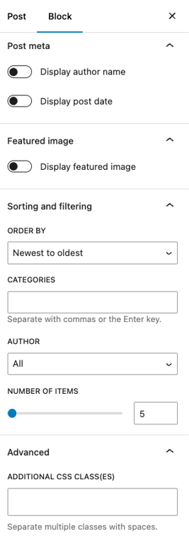 The Advanced section in the left sidebar in the block editor
