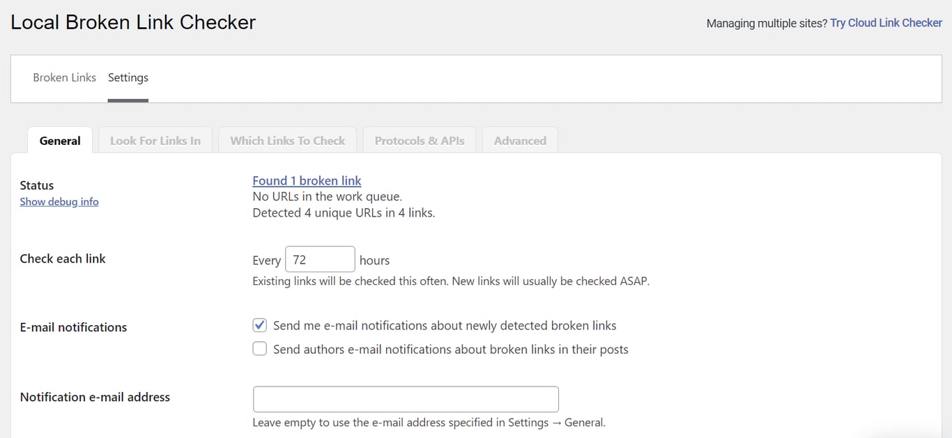 The general settings of Broken Link Checker plugin