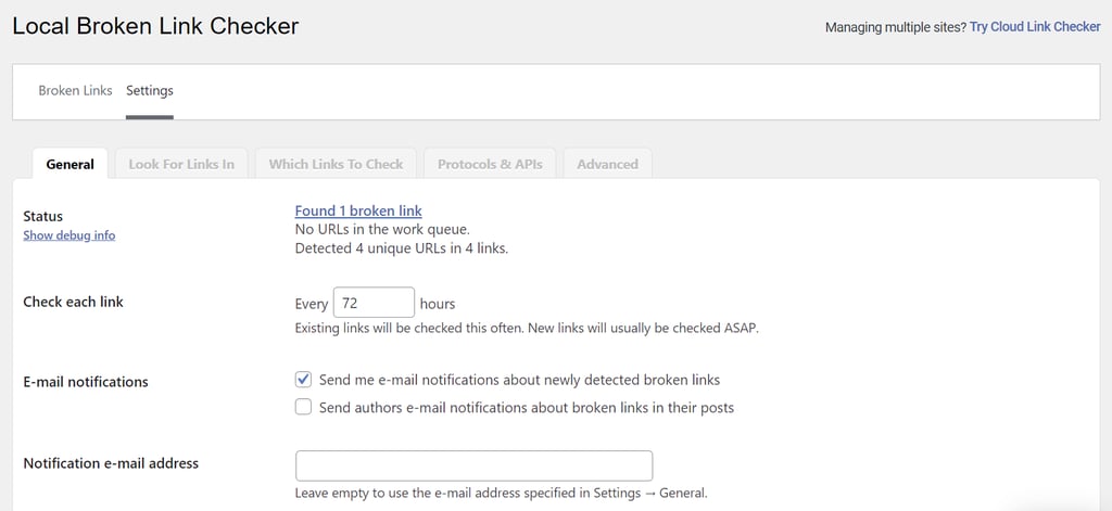 The general settings of Broken Link Checker plugin