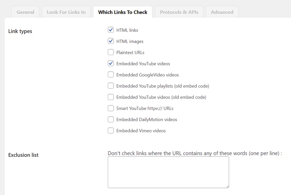 Configuring link type to monitor by the Broken Link Checker plugin