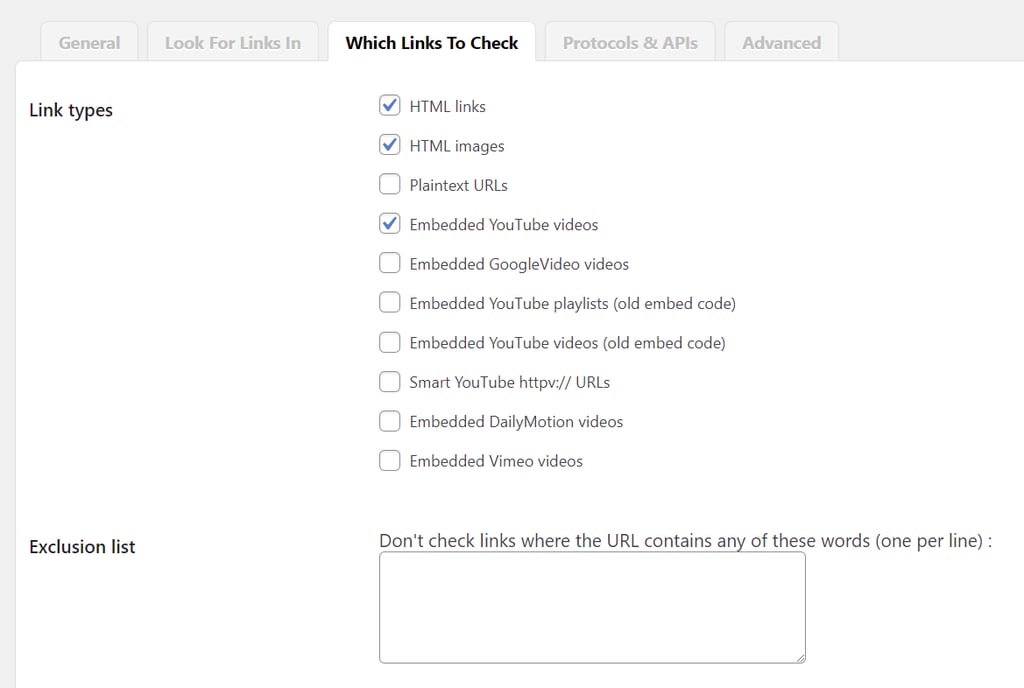 Configuring link type to monitor by the Broken Link Checker plugin