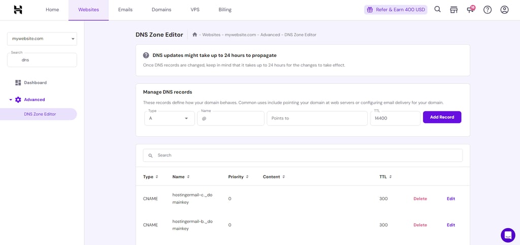 DNS records tab selected in the Domains settings in hPanel