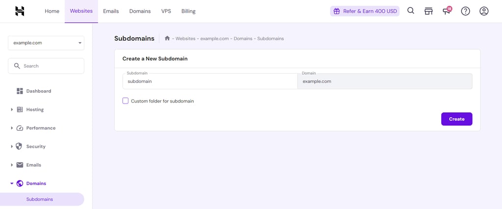 The Subdomains section in Domains menu, showing a form to create a new subdomain