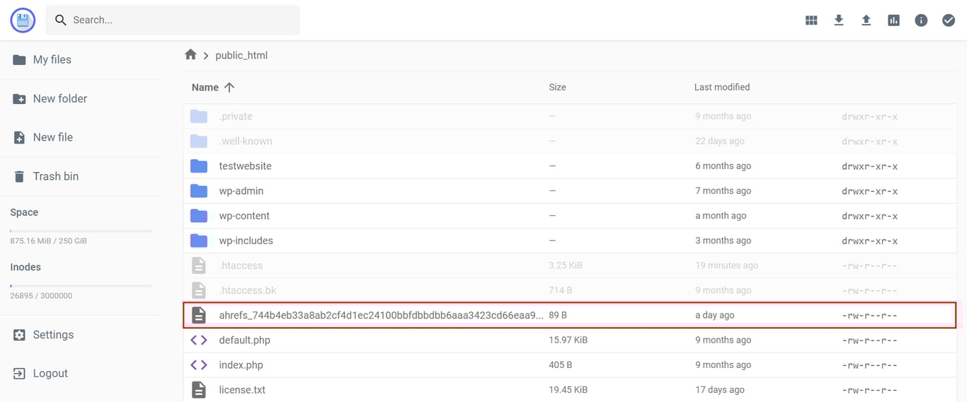 Website directory in File Manager, highlighting Ahrefs' HTML verification file