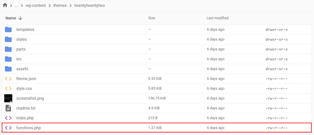 The active theme's functions.php file in Hostinger's File Manager